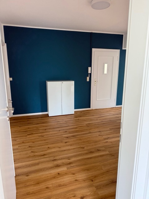 Blick durch eine offene Tür auf eine petrolblaue Wand mit weißem Schrank und weißer Tür, davor heller Holzboden